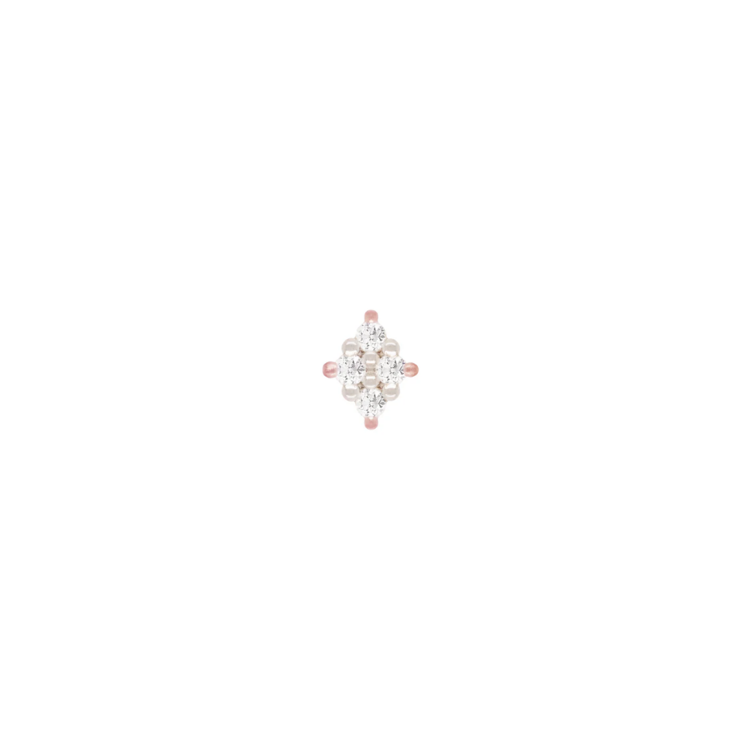 14k gold piercing end featuring a symmetrical cluster of small brilliant-cut diamonds arranged in a soft, floral-inspired shape