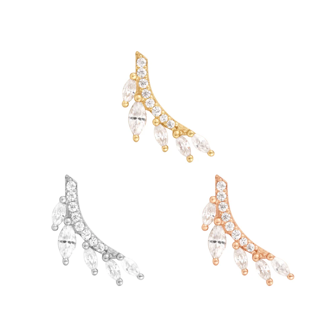 Three gold threadless ends in a graceful curved design, adorned with round and marquise-cut cubic zirconia to resemble delicate falling leaves. Shown in yellow gold, white gold, and rose gold