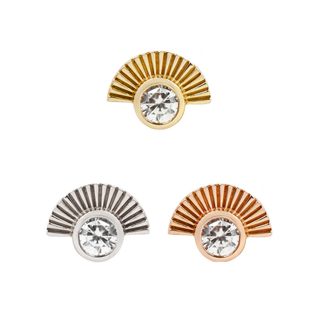 Three threadless ends featuring a genuine diamond set into a sunburst fan design, available in gold, white gold, and rose gold.