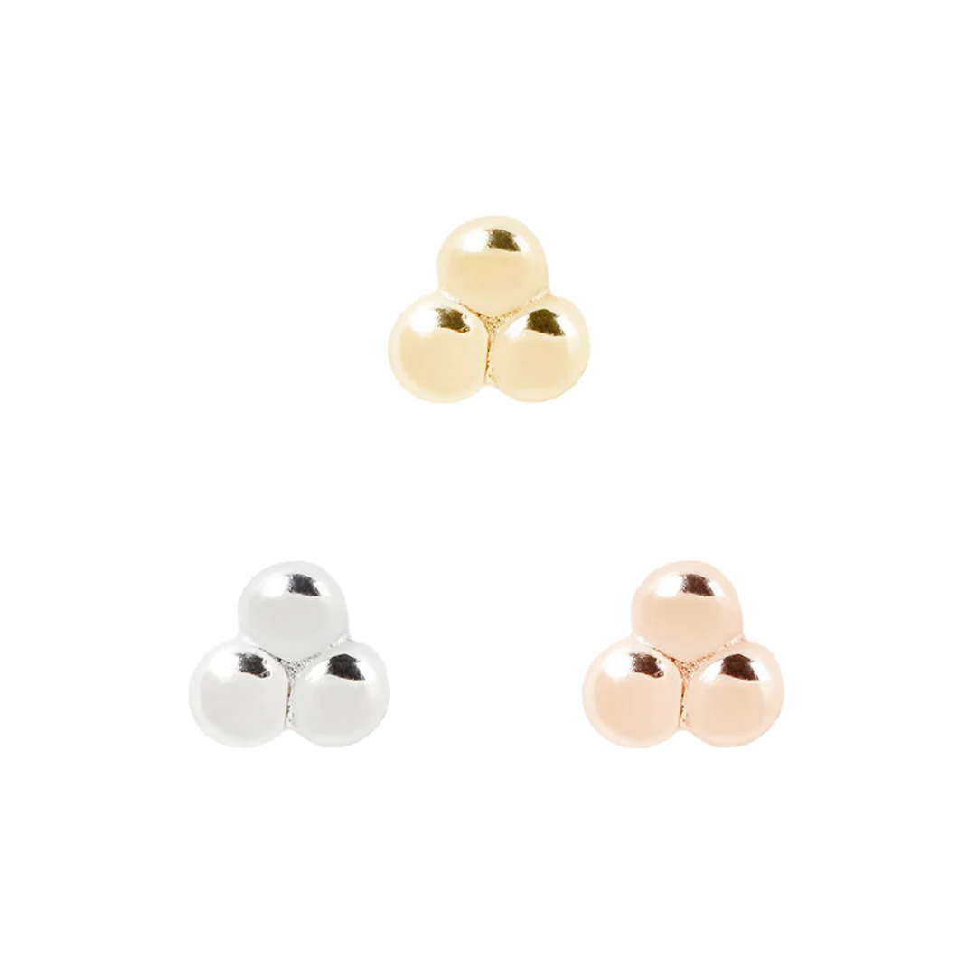 Mini 3 bead cluster threadless end in gold, rose gold, and white gold, featuring three polished spherical beads arranged in a minimalist triangular formation.