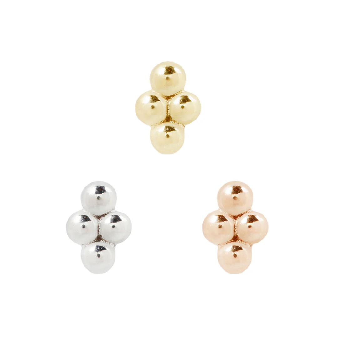 Mini 4 bead cluster threadless end in yellow gold, rose gold, and white gold, featuring four polished spherical beads in a cross-shaped arrangement.