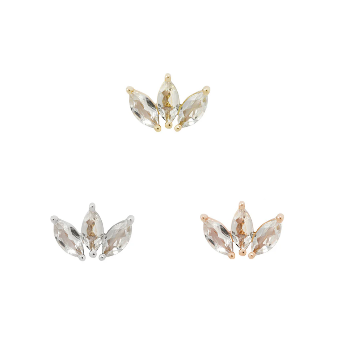 Mini Moet threadless end featuring three marquise-cut cubic zirconia stones in a crown-like fan arrangement, available in yellow gold, rose gold, and white gold