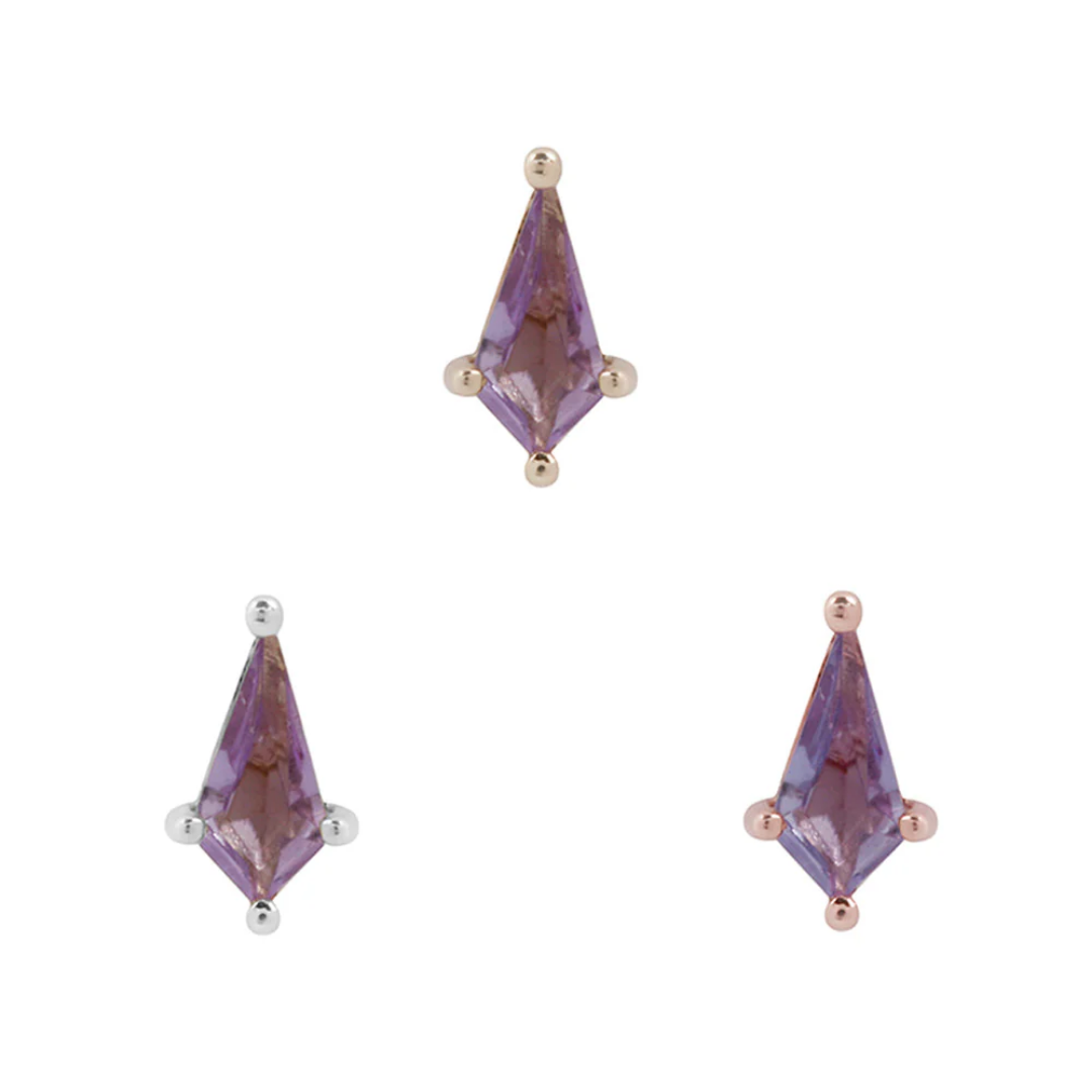 Mini Soho threadless end with a diamond-shaped amethyst gemstone in a four-prong setting, available in yellow gold, rose gold, and white gold