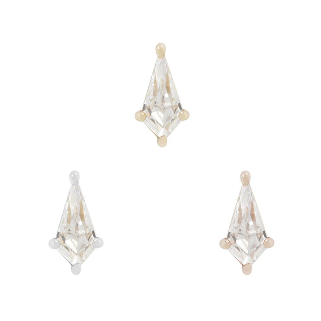 Mini Soho threadless end featuring a clear CZ stone in a pointed diamond-cut shape, set in four prongs, available in yellow gold, rose gold, and white gold.