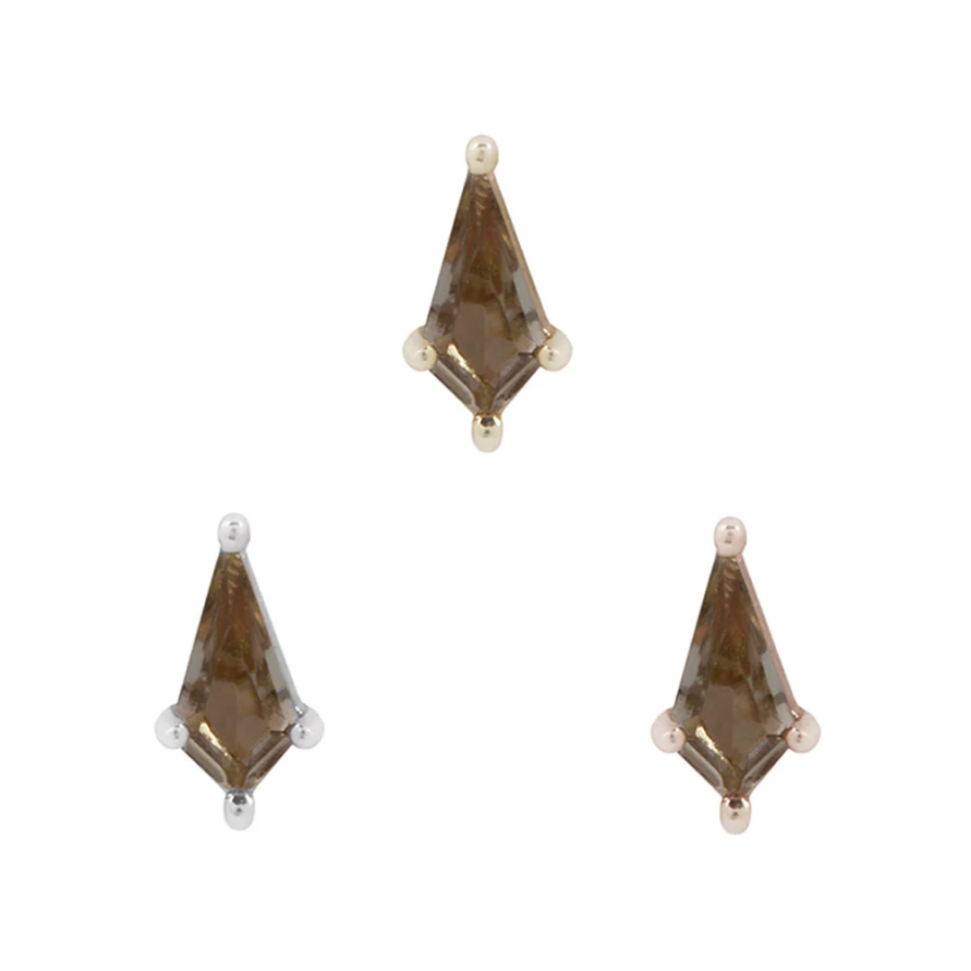 Mini Soho threadless end with a smoky quartz kite-cut stone set in four prongs, available in yellow gold, rose gold, and white gold.