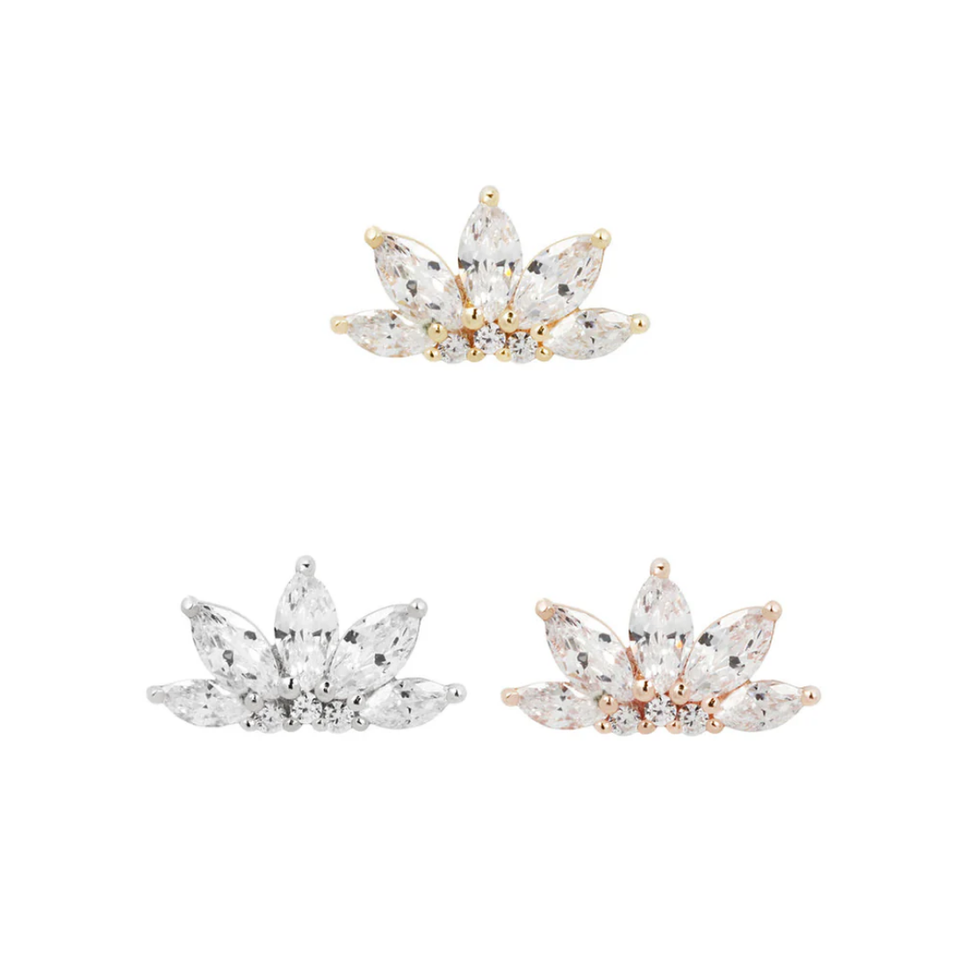 Mini Valentina threadless end featuring a fan of marquise and round-cut clear CZs in a floral-inspired arrangement, available in yellow gold, rose gold, and white gold.