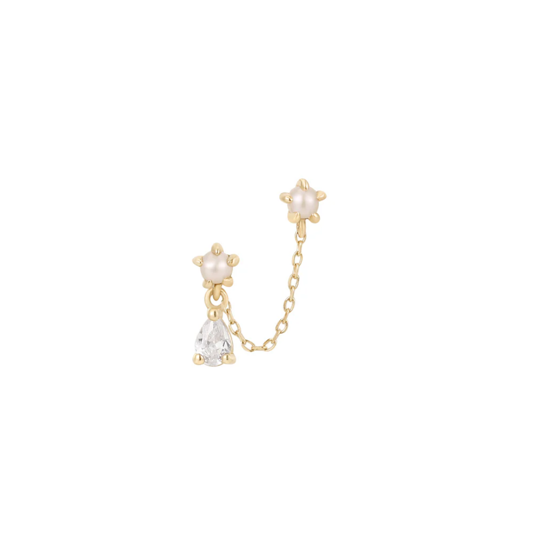 Gold threadless end featuring two delicate pearl flower tops, a teardrop CZ dangle, and a fine connecting chain.