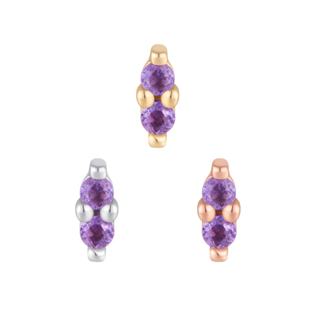 Gold, rose gold, and white gold threadless ends featuring a sleek vertical double amethyst design.