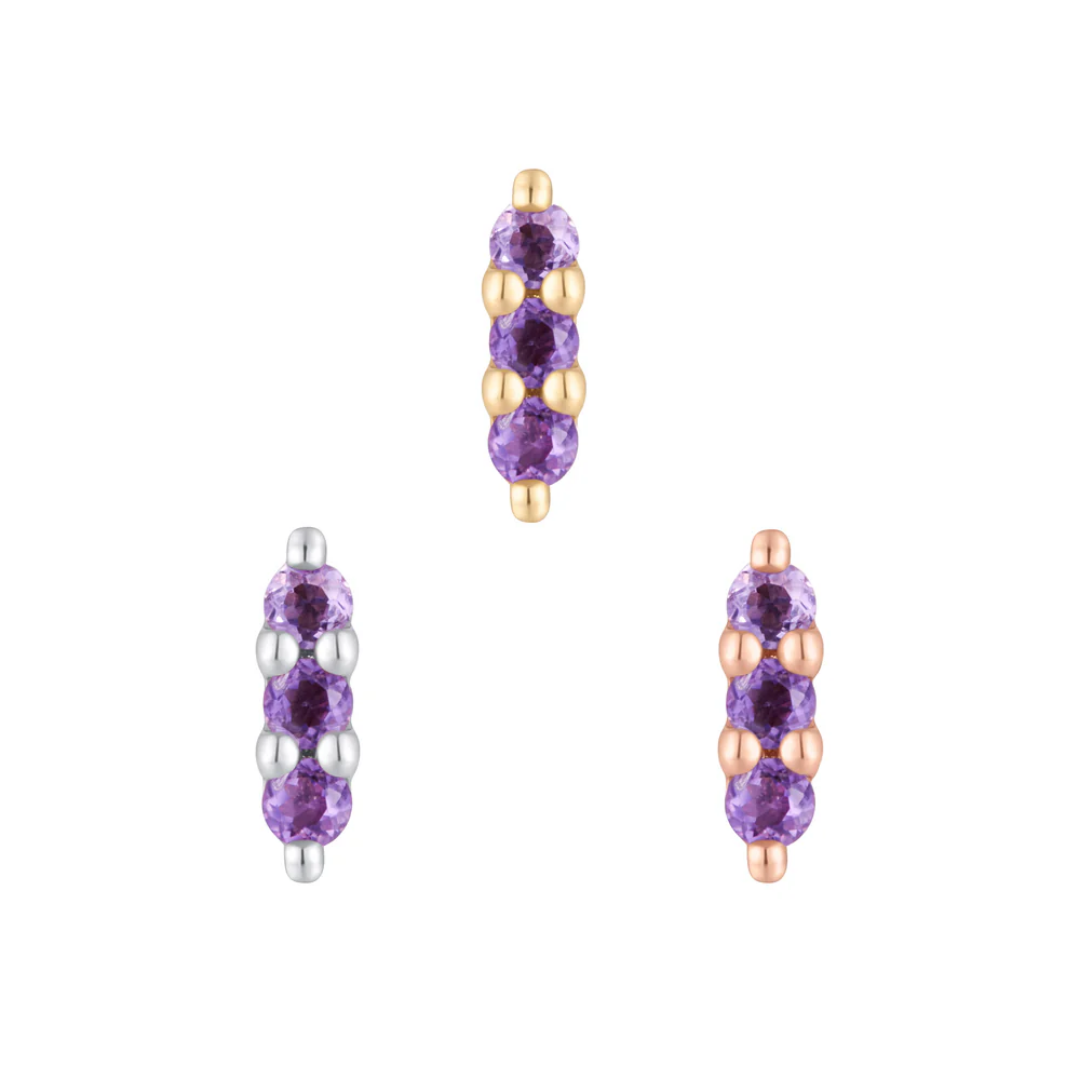 Gold, rose gold, and white gold threadless ends featuring a vertical row of three vibrant amethyst gemstones in a modern prong setting.