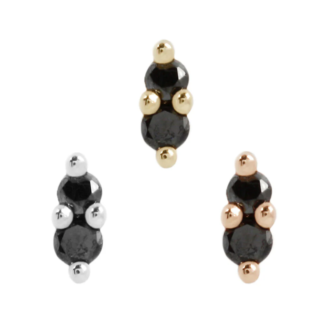 Black diamond threadless end by Buddha Jewellery in 14k gold, a luxury body piercing stud with fine prong settings.