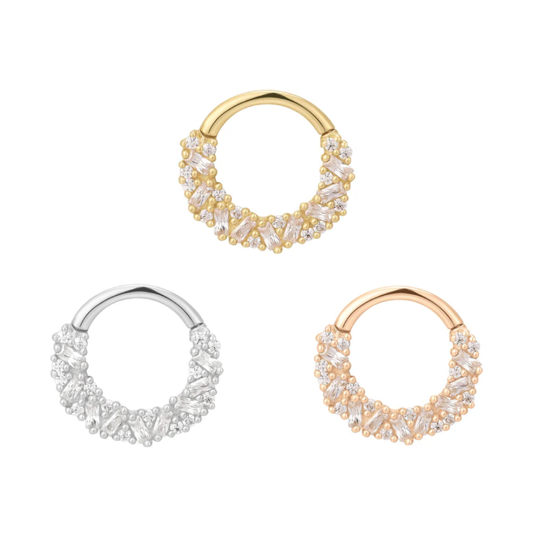 Petty Cash clicker ring in yellow, white, and rose gold with baguette and round cubic zirconia stones – luxury body piercing jewelry