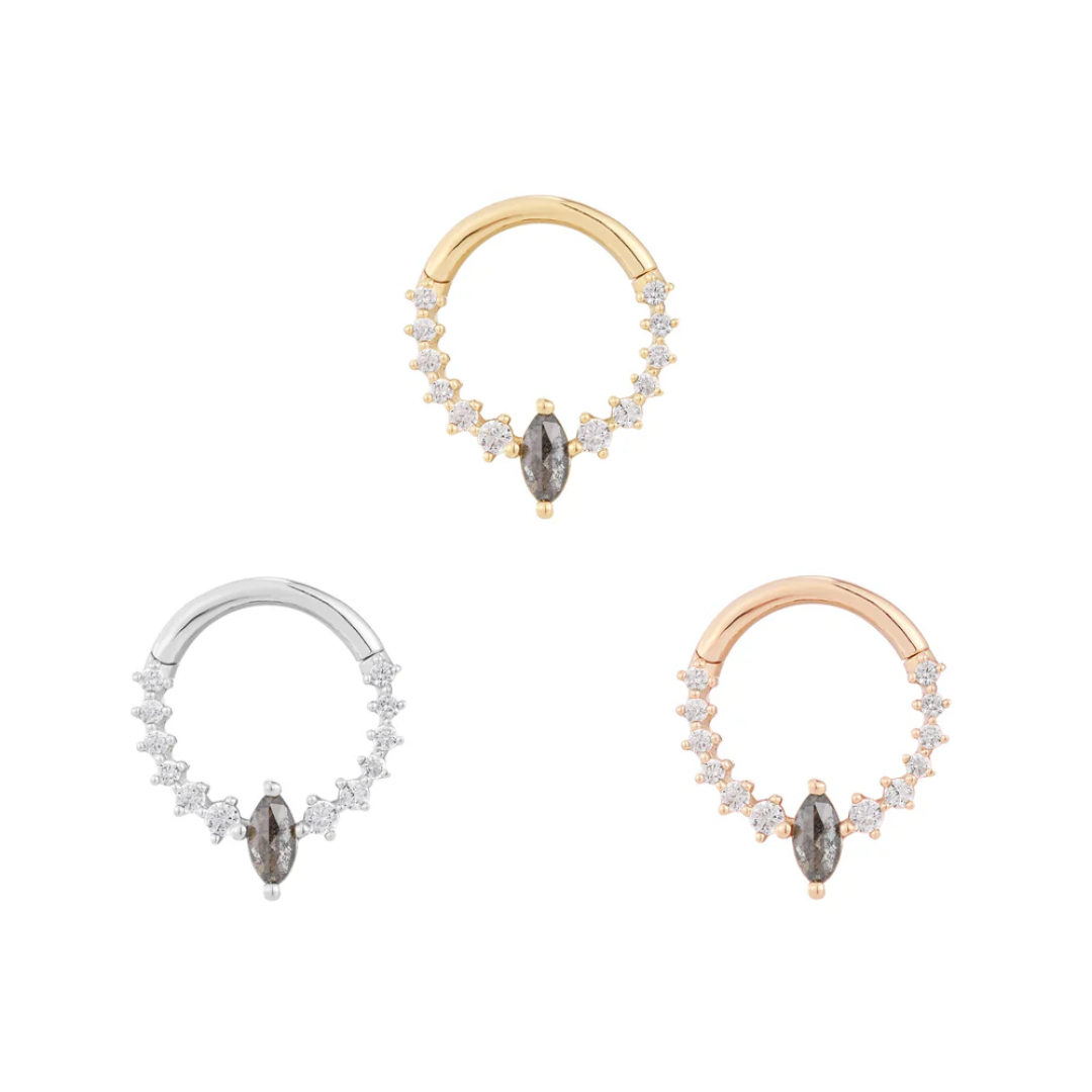Phantom clicker ring with grey marquise diamond and white stones in yellow gold, rose gold, and white gold – luxury body jewellery for daith or septum piercings