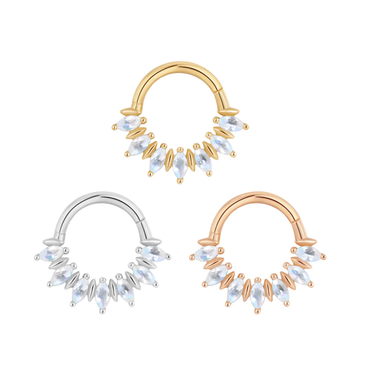 Purpose clicker ring with marquise rainbow moonstones in yellow, white, and rose gold – luxury body jewellery for septum or daith piercings