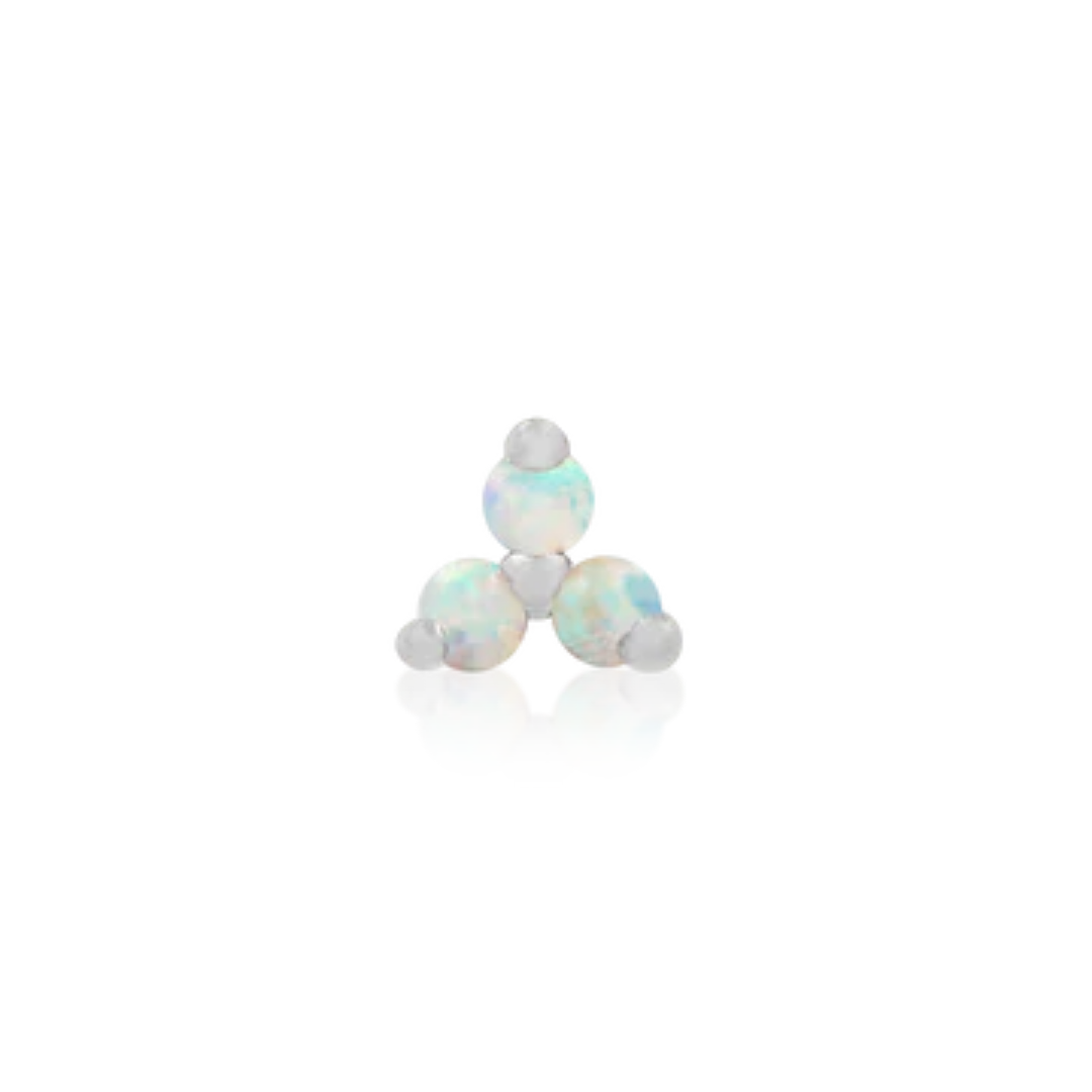 14k gold piercing jewellery featuring three round iridescent opal stones set in a triangular formation with gold prong accents