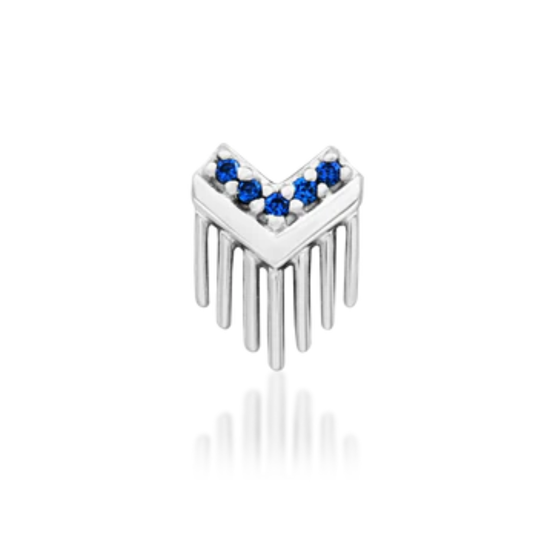 14k gold V-shaped piercing end with five vibrant blue stones and multiple vertical gold fringe spikes