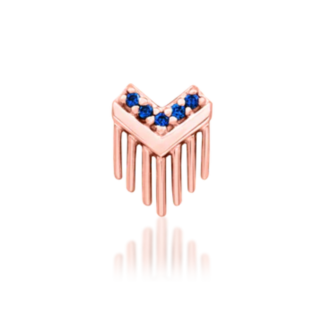 14k gold V-shaped piercing end with five vibrant blue stones and multiple vertical gold fringe spikes