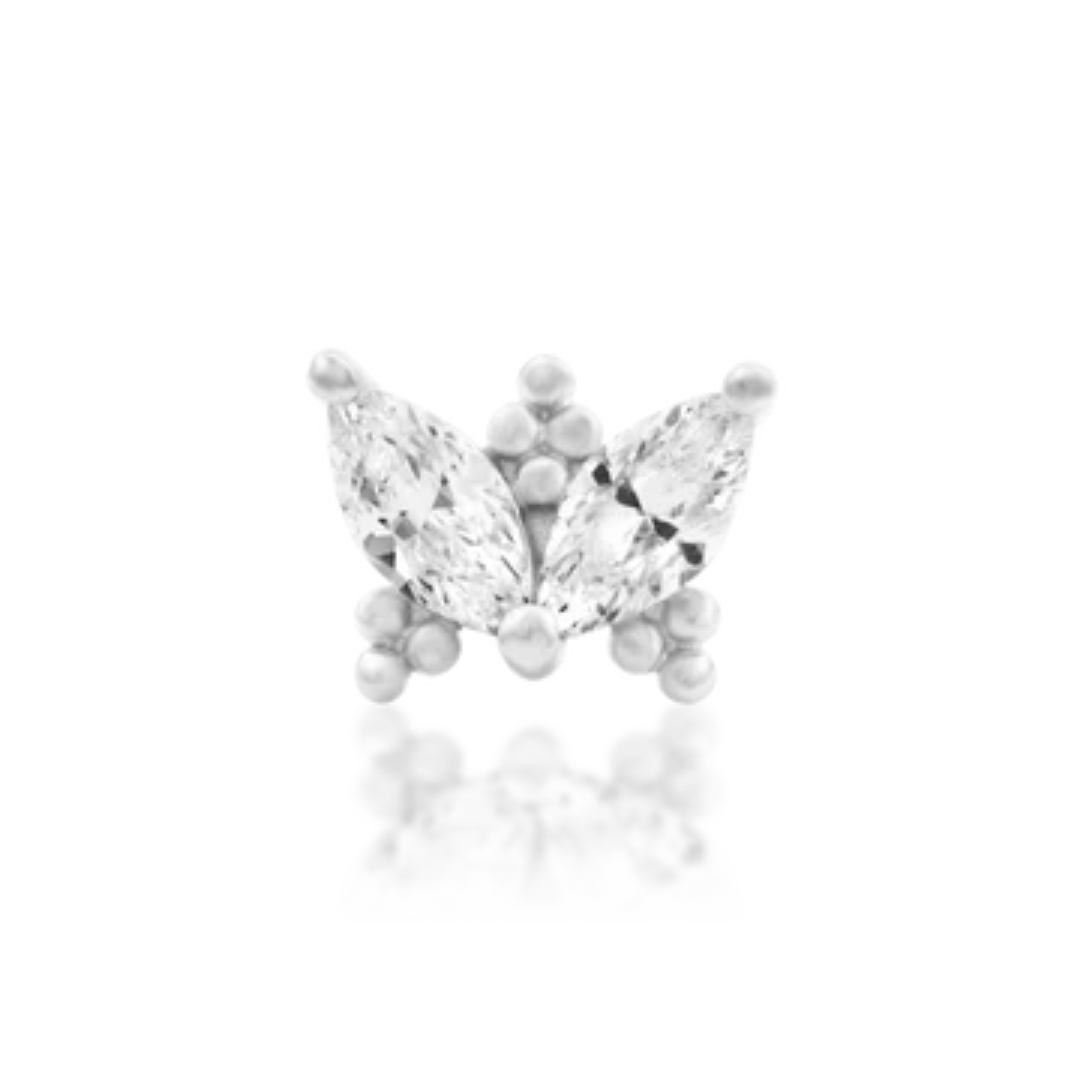 14k gold piercing end with two marquise-cut clear cubic zirconia stones set like butterfly wings and surrounded by small polished gold bead clusters