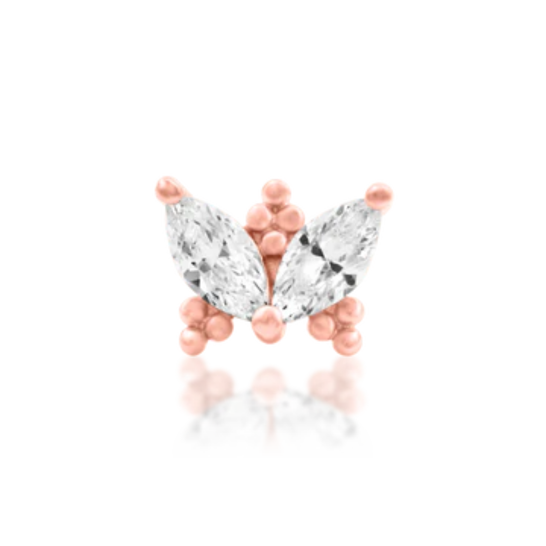 14k gold piercing end with two marquise-cut clear cubic zirconia stones set like butterfly wings and surrounded by small polished gold bead clusters