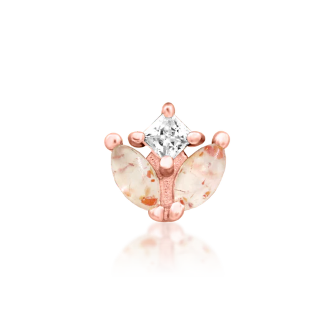 14k rose gold butterfly-inspired piercing end with two sunstone cabochon wings and a clear cubic zirconia accent