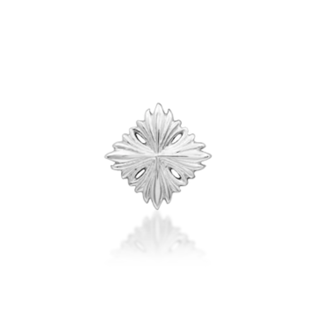 14k white gold decorative piercing end with an ornate, leaf-inspired diamond shape and delicate cut-out details