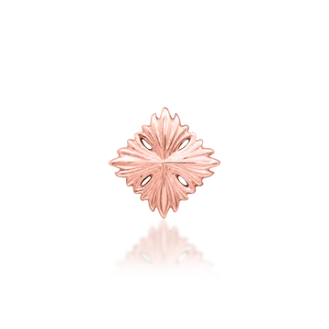 14k rose gold decorative piercing end with an ornate, leaf-inspired diamond shape and delicate cut-out details