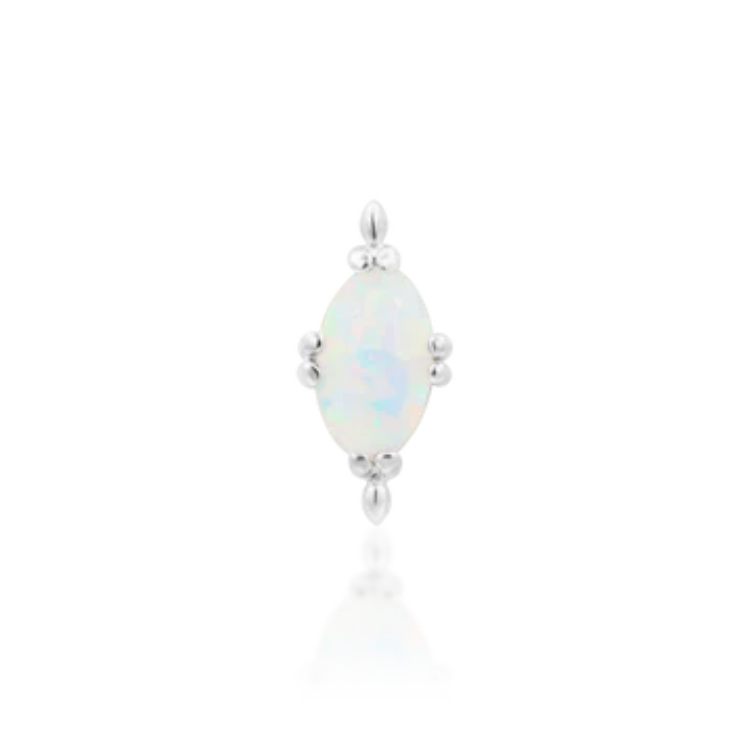 14k white gold piercing end featuring an oval opal centre stone with delicate gold bead accents on all sides