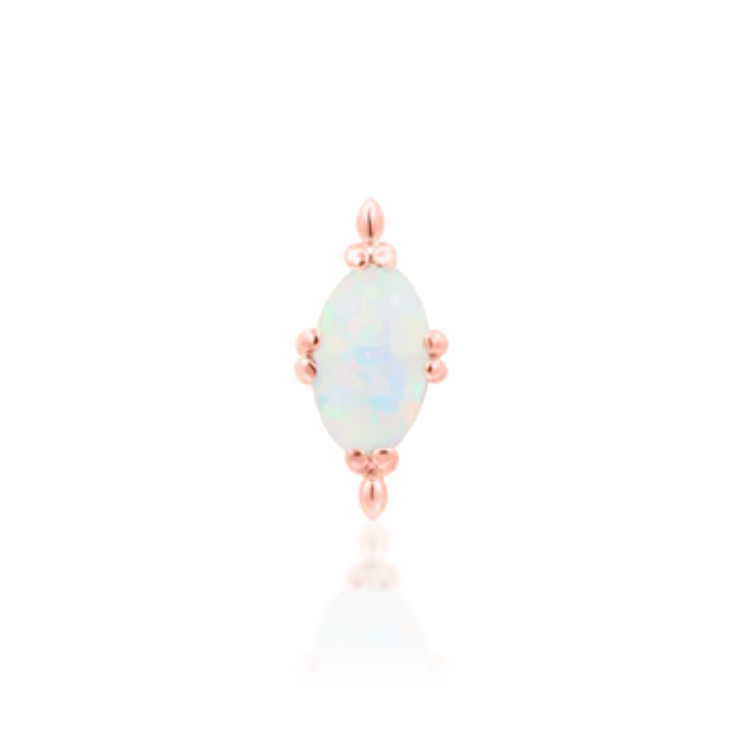 14k rose gold piercing end featuring an oval opal centre stone with delicate gold bead accents on all sides