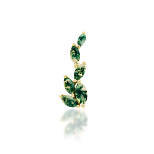 Gold piercing stud with cascading marquise-cut moss green gemstones arranged in a leaf-like design