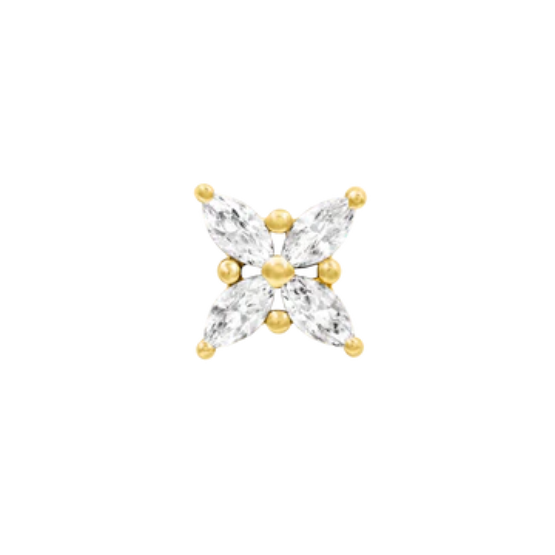 Gold flat back stud featuring four marquise-cut clear gemstones arranged in a floral cross design for cartilage or lobe piercings