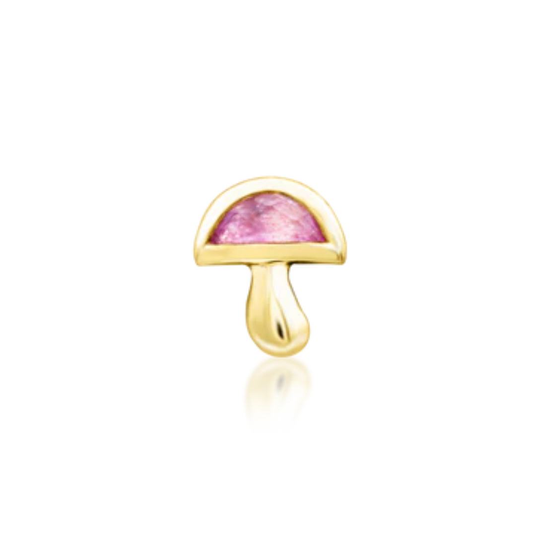 Gold mushroom-shaped piercing end with a pink cz cabochon cap