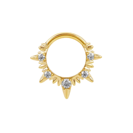 titanium clicker ring with sunburst spikes and six cubic zirconia stones