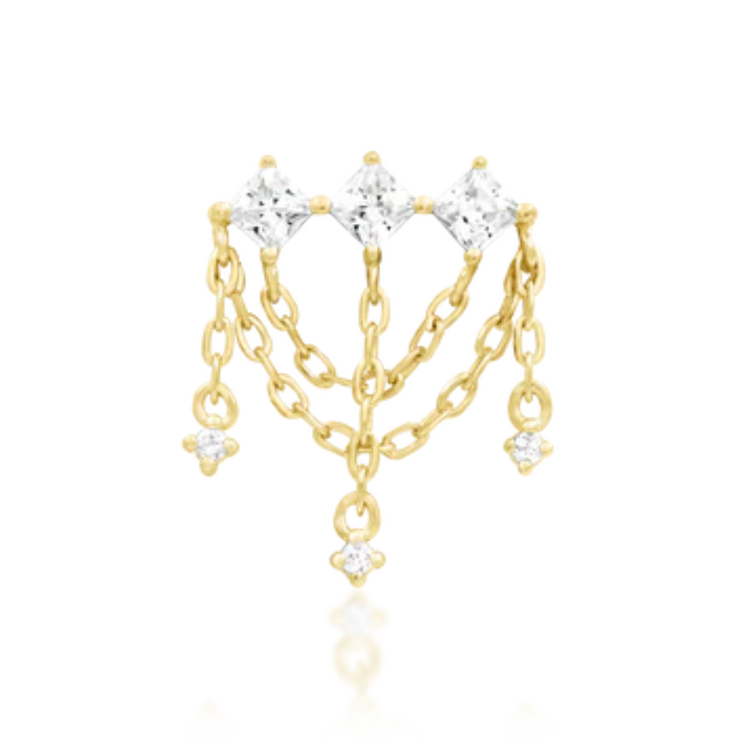 14k gold piercing chain stud featuring three square-cut CZ stones with draping gold chains and delicate CZ dangles for a bold, elegant look.