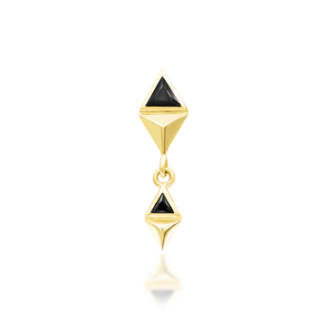 14k gold double pyramid stud with black cubic zirconia, featuring a geometric drop design and sharp modern edges.