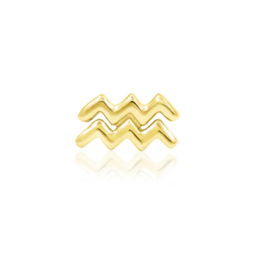 14k gold Aquarius zodiac symbol in a minimalist, polished zigzag design for astrology-inspired ear styling.