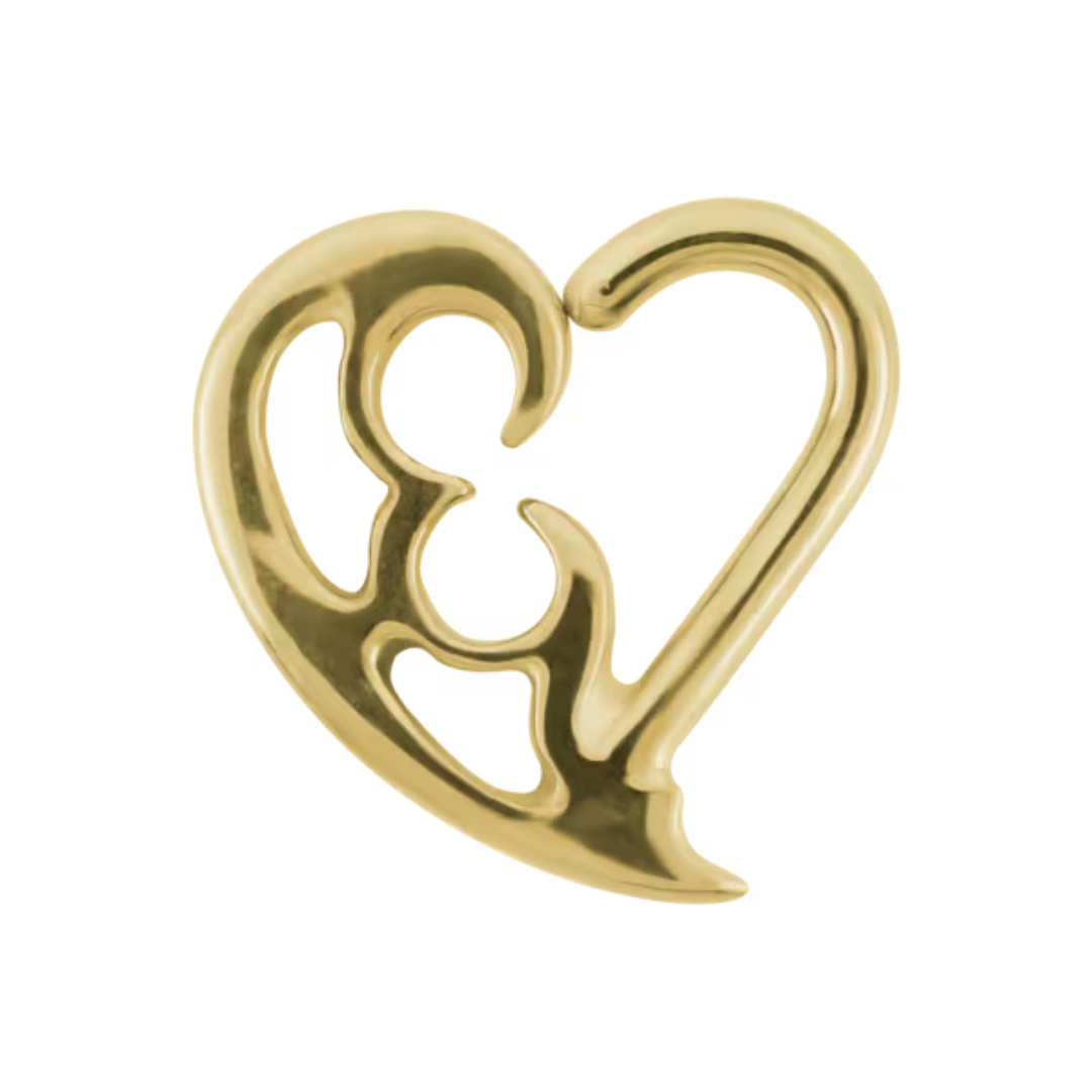 14k gold Archimedes heart-shaped piercing end with elegant scrollwork open design.