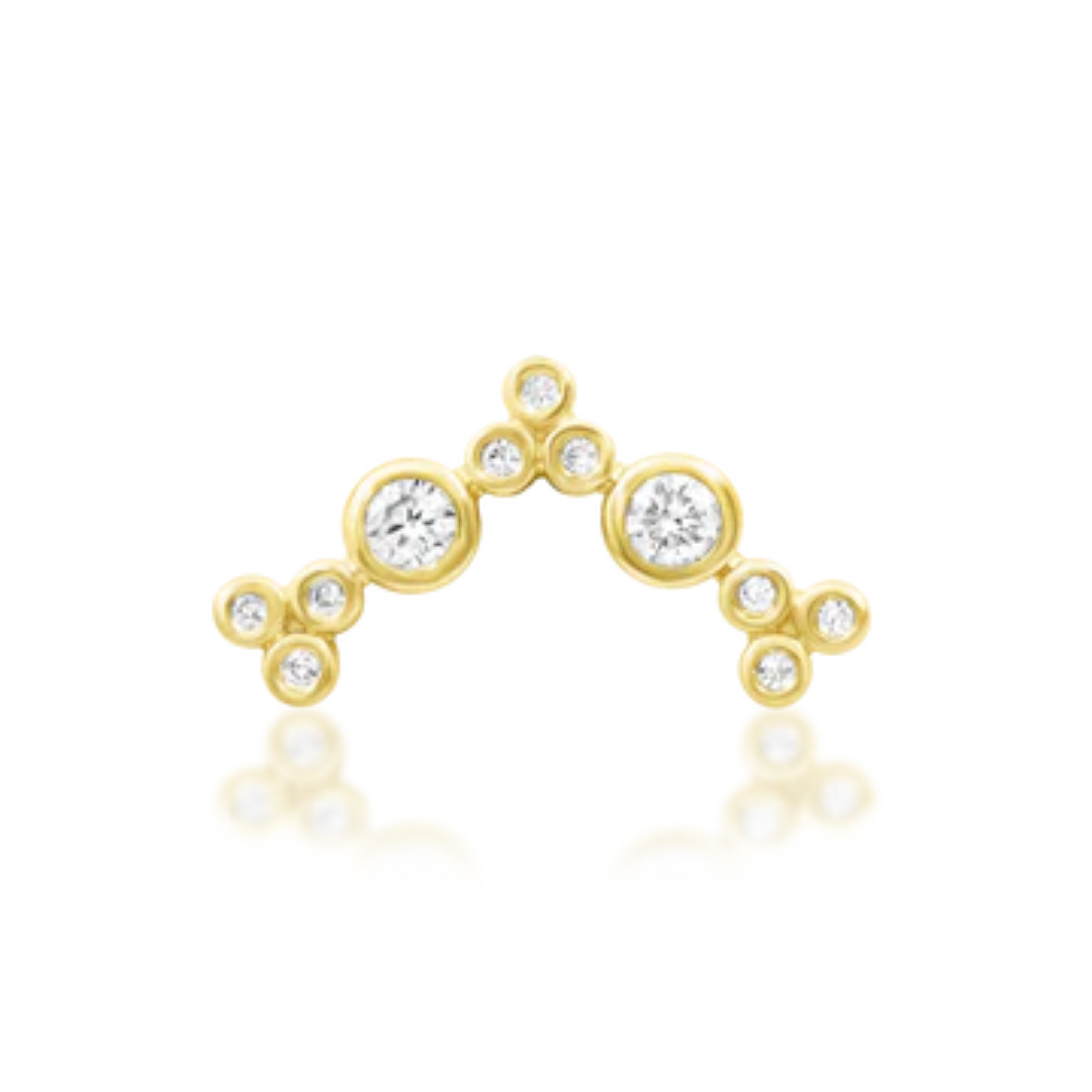 14k gold curved cluster stud with multiple bezel-set cubic zirconia stones arranged in a graceful V-shape design.