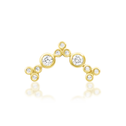 14k gold curved cluster stud with multiple bezel-set cubic zirconia stones arranged in a graceful V-shape design.