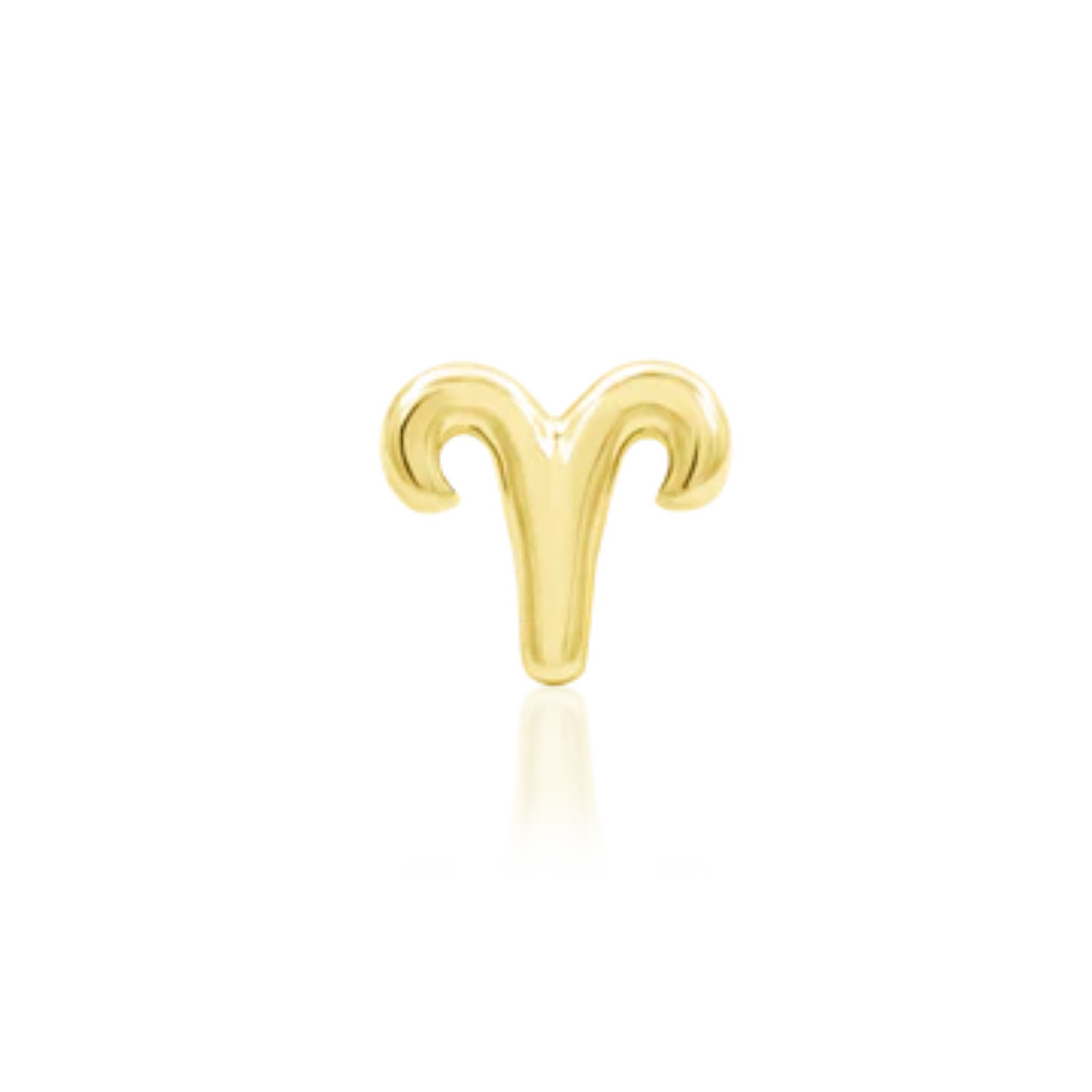 14k solid gold Aries zodiac symbol piercing stud with a polished curved design.