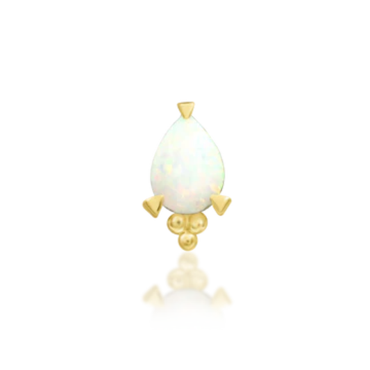 14k gold teardrop opal piercing stud with triple bead detail and elegant claw setting.