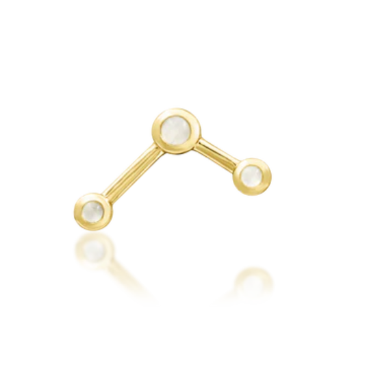 14k gold constellation-inspired stud with three bezel-set moonstones connected by polished gold bars.