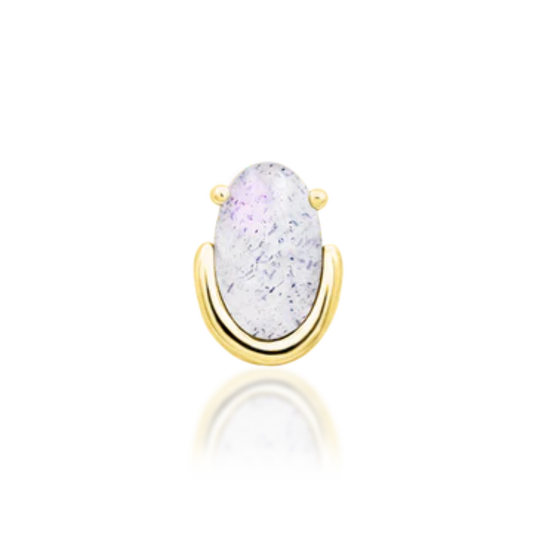 14k gold stud with oval lavender speckled stone cradled by a polished gold U-shaped frame