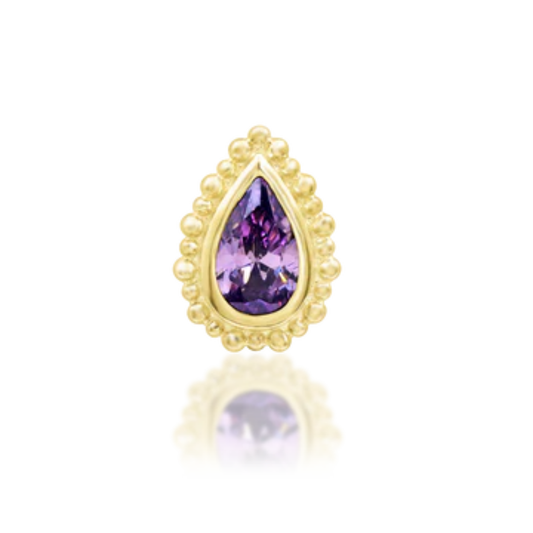 14k gold teardrop piercing featuring a vibrant amethyst stone framed in a beaded border