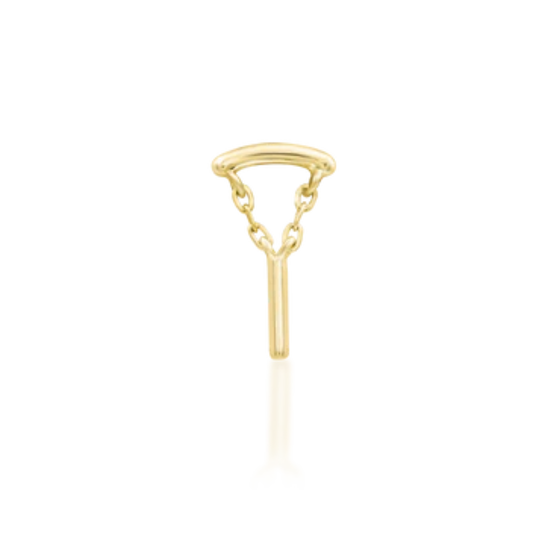 Minimalist 14k gold piercing charm with fine chain and vertical bar drop.