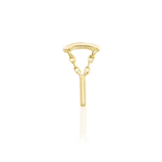 Minimalist 14k gold piercing charm with fine chain and vertical bar drop.