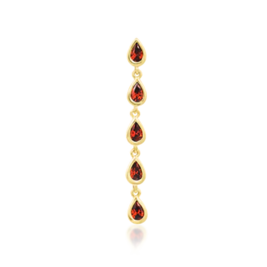 14k gold piercing charm with five cascading garnet pear-cut drops in bezel settings.
