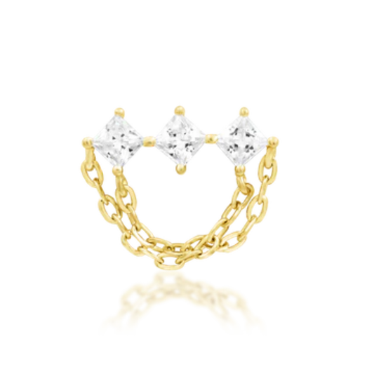 14k gold piercing charm featuring three princess-cut cubic zirconia and draped chain details