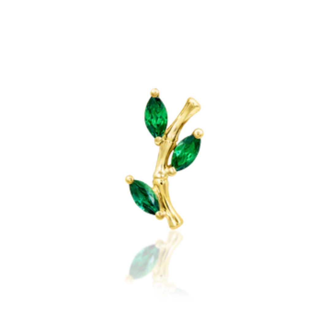 14k gold piercing stud featuring a bamboo-inspired design with three marquise-cut green cubic zirconia stones.