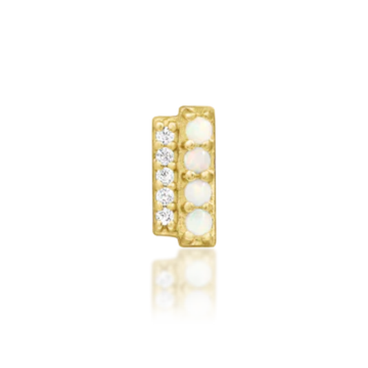 14k gold rectangular piercing stud with alternating opal and cubic zirconia stones in a beaded texture setting.