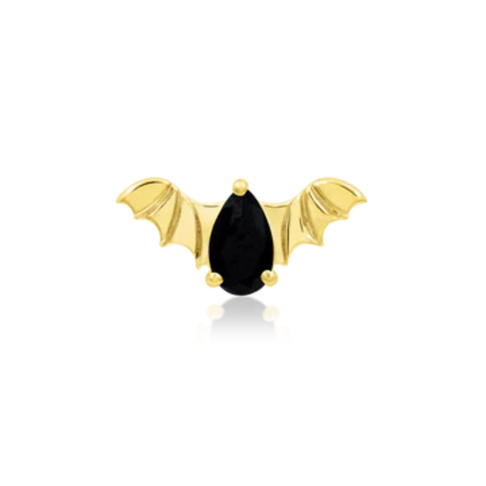 14k gold bat-shaped piercing stud with a black cubic zirconia teardrop centre