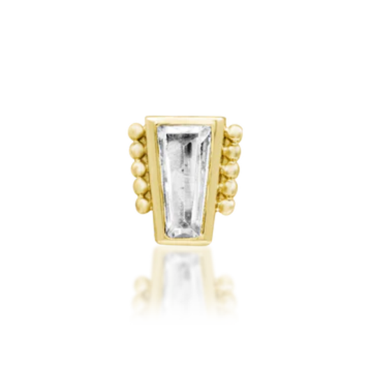 14k gold stud featuring a tapered baguette-cut CZ framed by beaded gold accents.